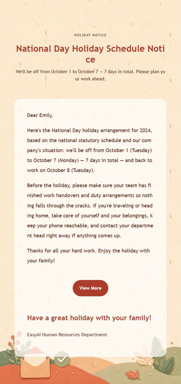 Coral Sunlight Holiday Notice Email