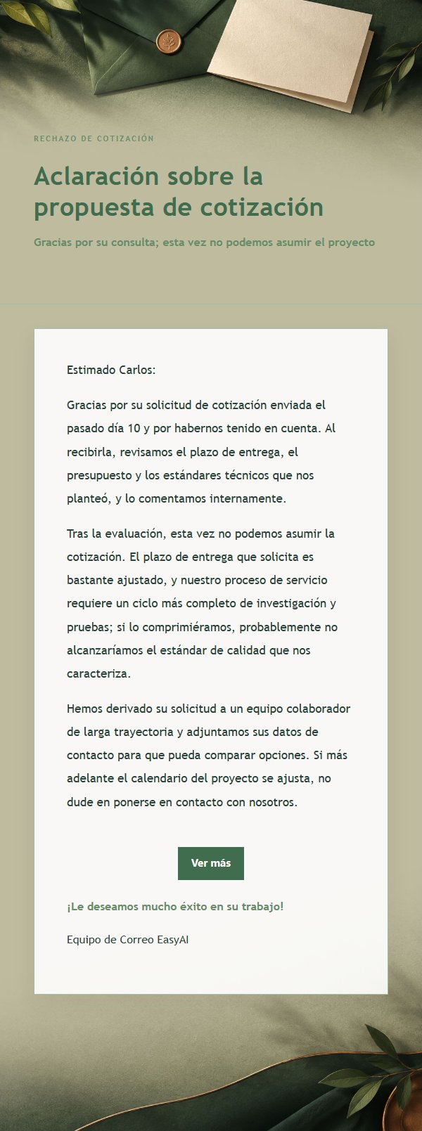 Correo de Rechazo Cortés Estilo Bosque y Cobre 2