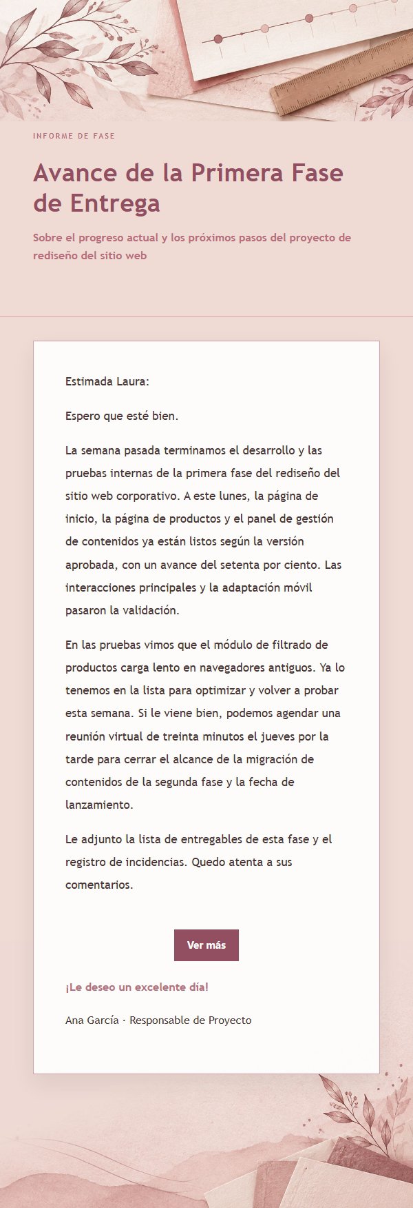 Correo de Informe de Fase con Estilo Rosa Editorial