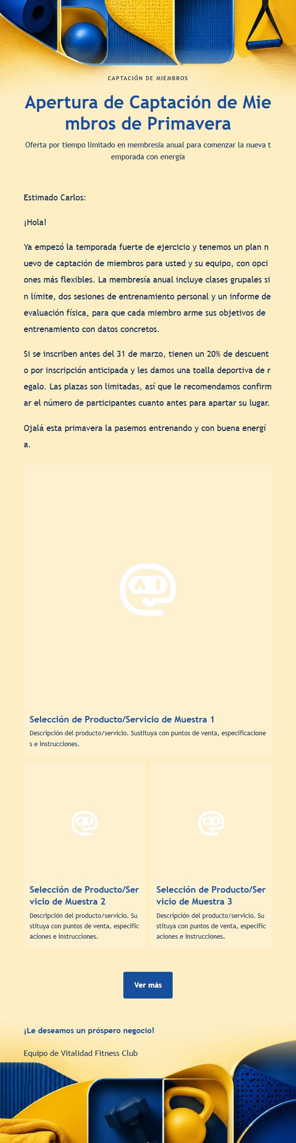 Correo de Promoción de Membresía Fitness Amarillo y Azul