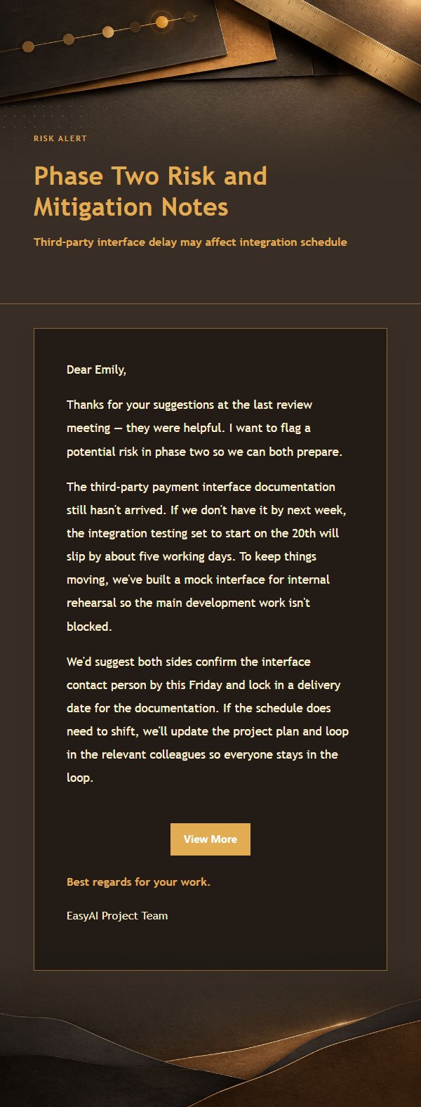 Charcoal Amber Project Status Report Email 2