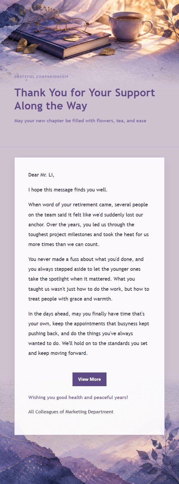 Lilac Ink Retirement Tribute Email 2
