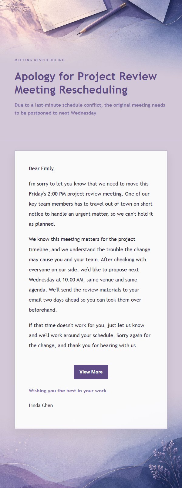 Lilac Ink Postponement Apology Email