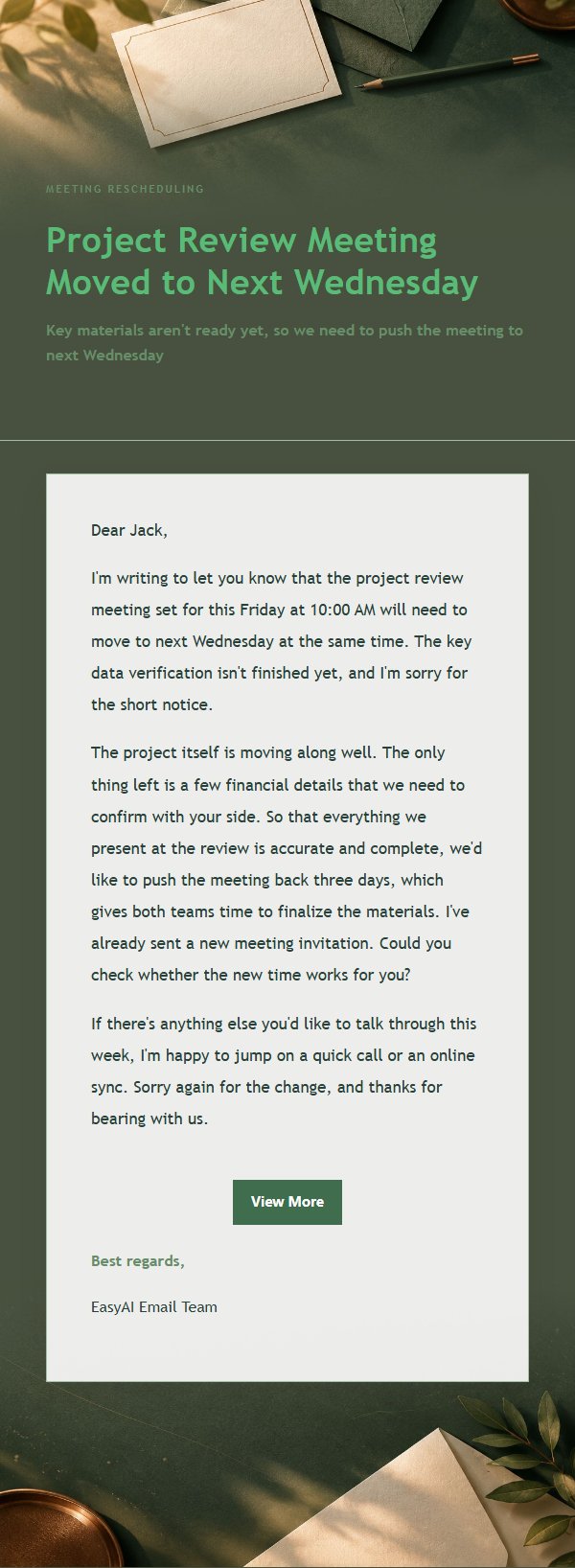 Forest Copper Postponement Apology Email
