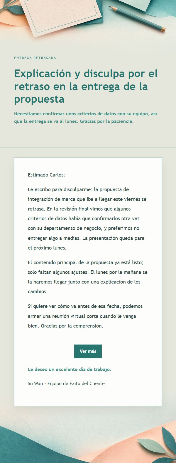Correo de Disculpa por Aplazamiento Melocotón y Verde 2