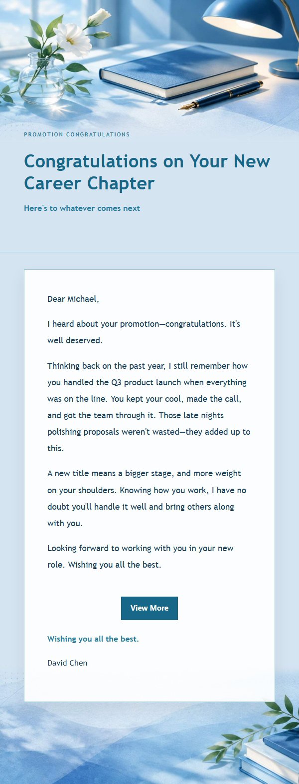 Cobalt Teal Promotion Congratulations Email