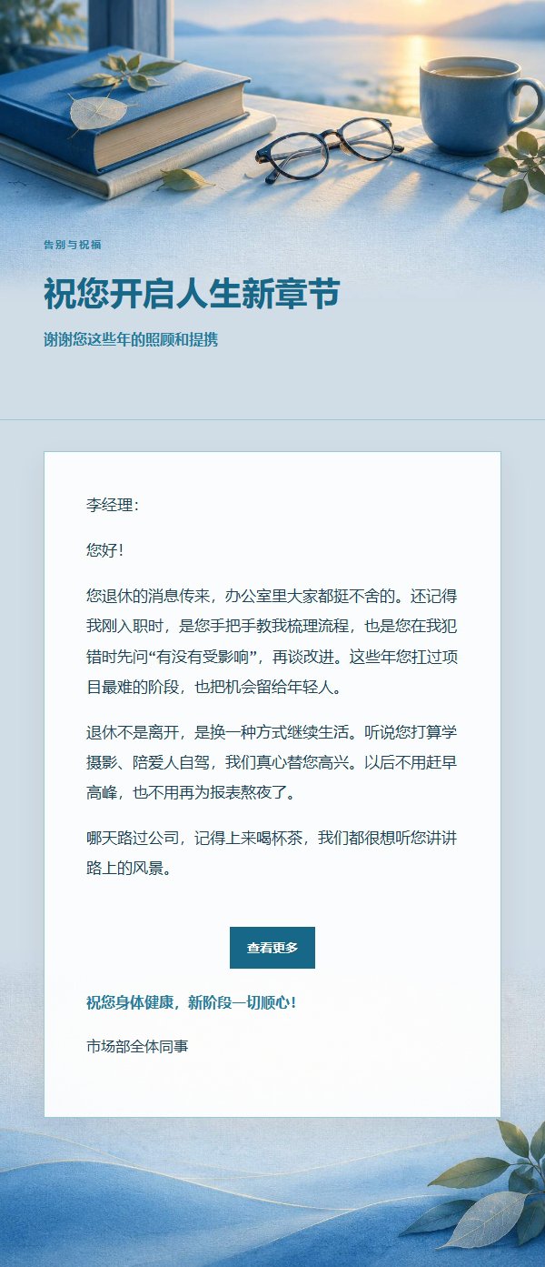 钴蓝青色退休致意邮件模板 2