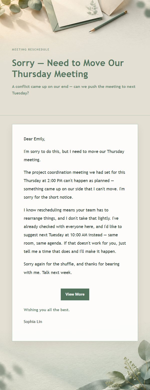 Sage & Ivory Postponement Apology Email