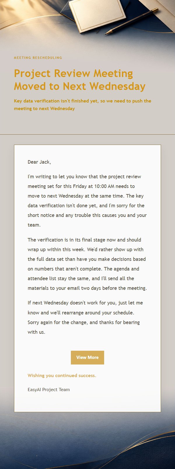 Navy & Gold Postponement Apology Email