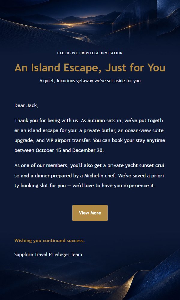 Midnight Sapphire Travel Privilege Invitation