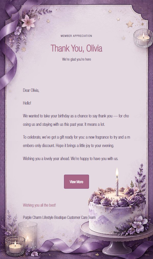 Lavender Candlelight Letter Birthday Email 2