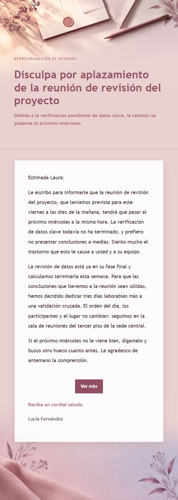 Correo de Disculpa por Aplazamiento Estilo Rosa Editorial