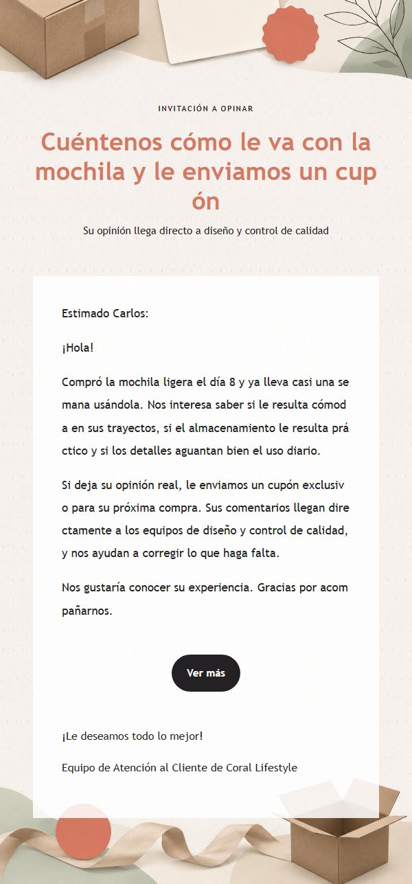 Correo de Seguimiento Postventa Coral 2