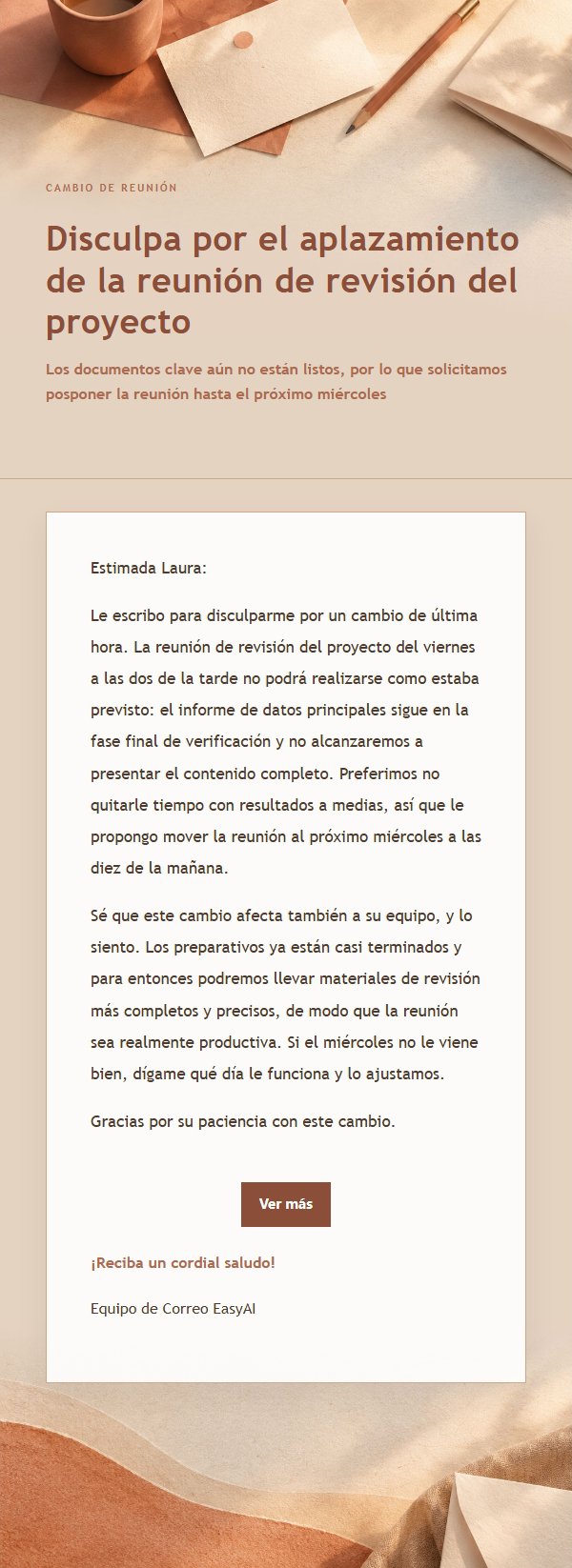 Correo de Disculpa por Aplazamiento Estilo Terracota y Crema