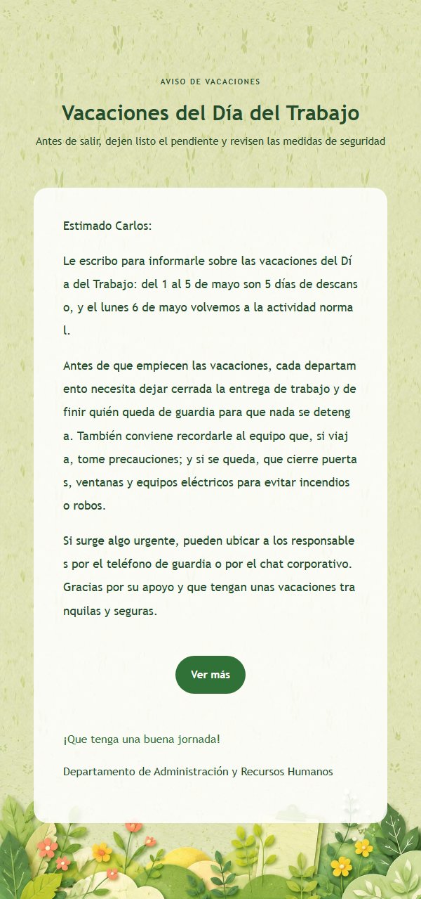 Aviso de Vacaciones con Flores de Papel Verde