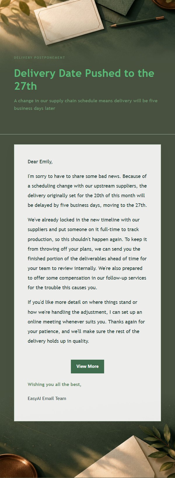 Forest Copper Postponement Apology Email 2