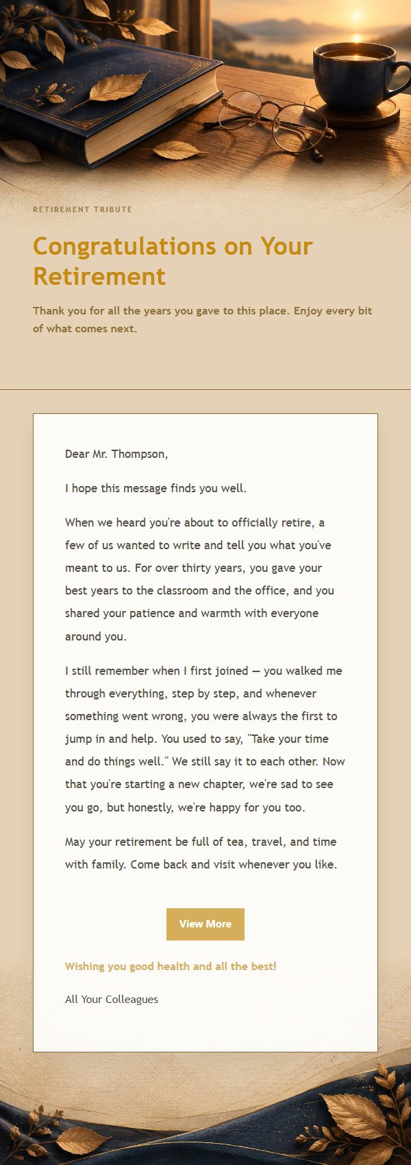Navy & Gold Retirement Tribute Email
