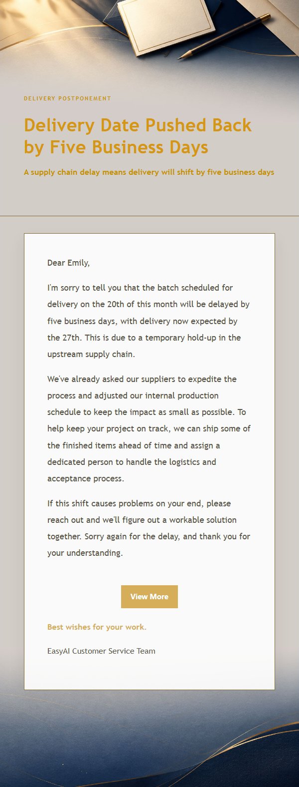 Navy & Gold Postponement Apology Email 2