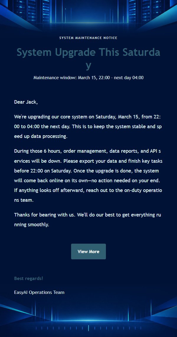 Midnight Blue System Maintenance Notice Email