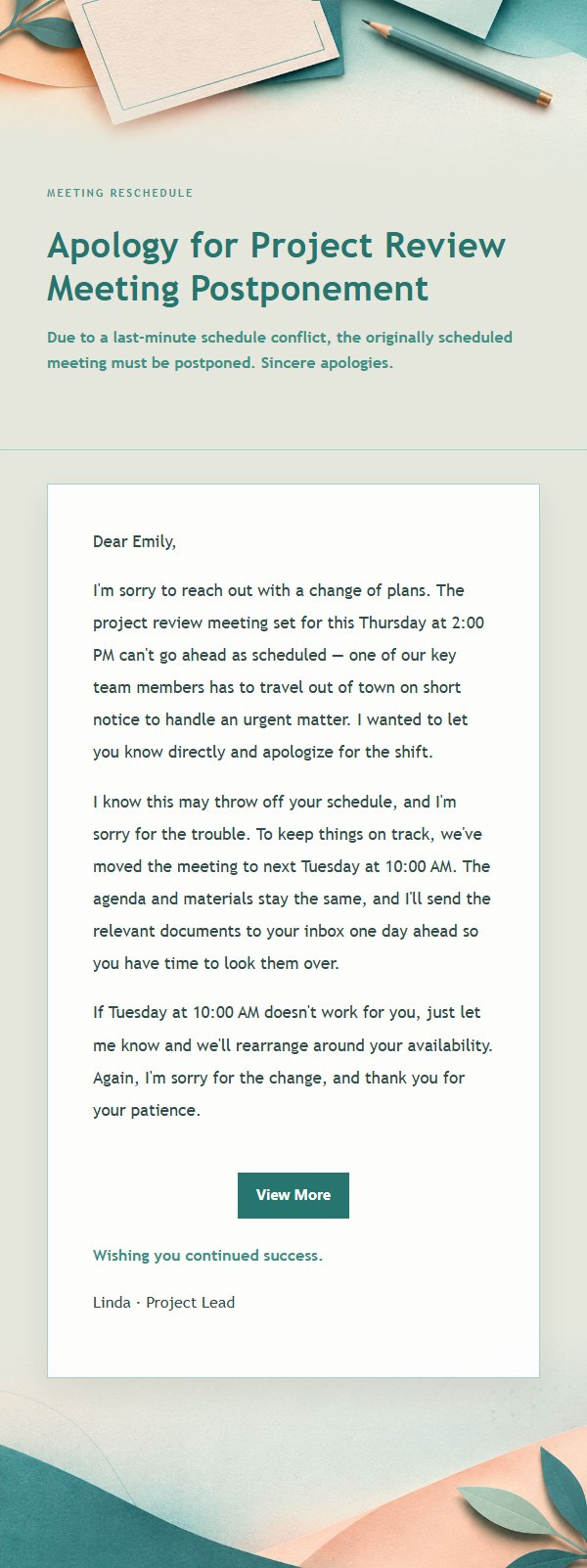 Peach & Sage Postponement Apology Email