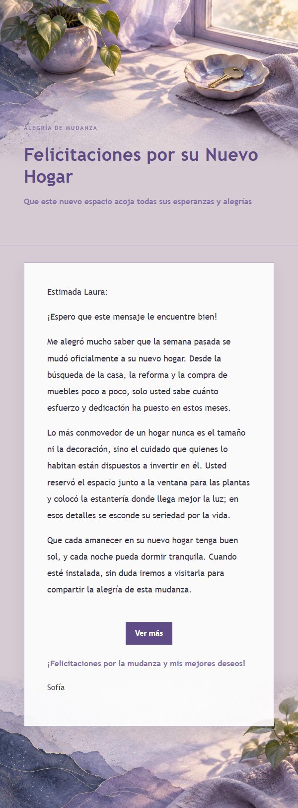 Carta de Bendición por Mudanza en Lila y Tinta