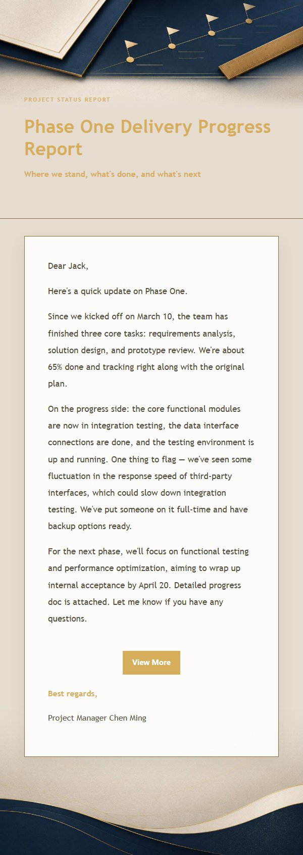 Navy & Gold Project Status Report Email