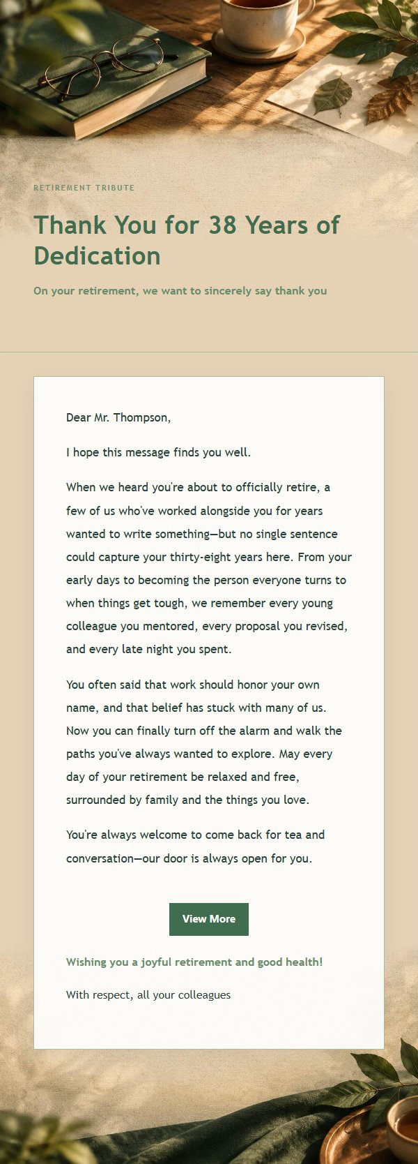 Forest Copper Retirement Tribute Email