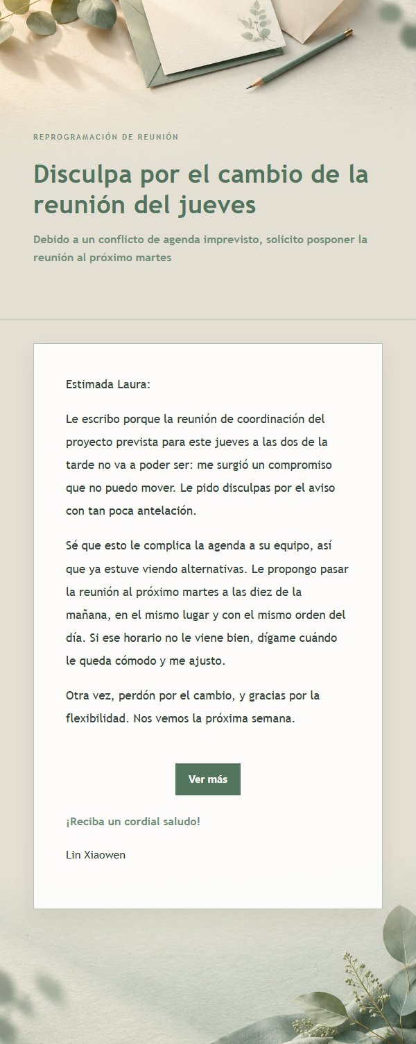 Correo de Disculpa por Aplazamiento Estilo Salvia Marfil