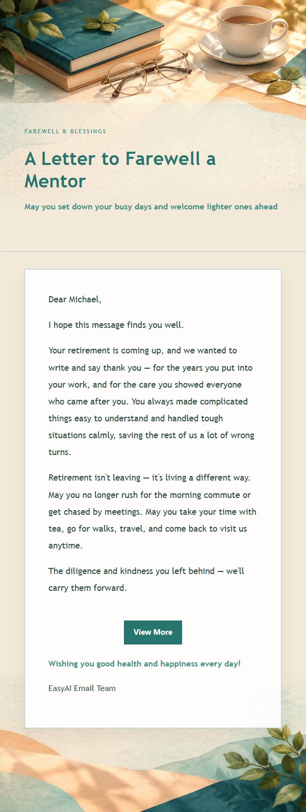 Peach & Teal Retirement Tribute Email 2