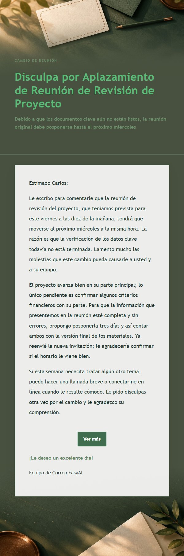 Correo de Disculpa por Aplazamiento en Cobre y Verde Bosque
