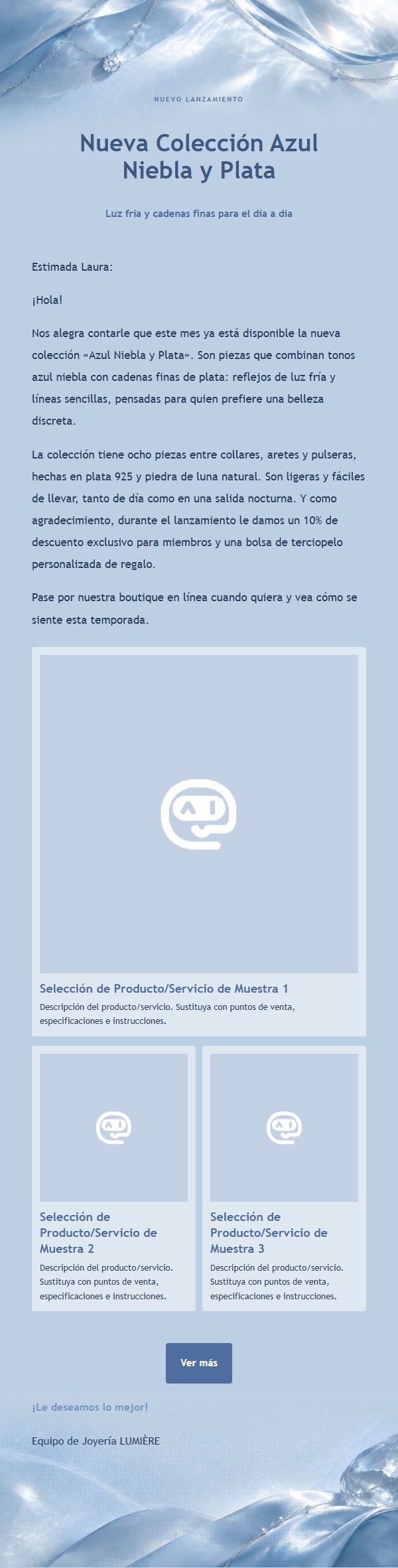 Carta de Joyería Azul Niebla y Plata