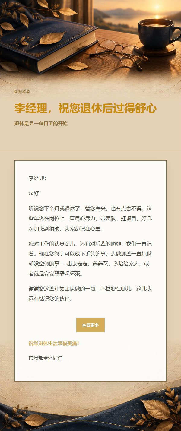 深蓝鎏金退休致意信 2