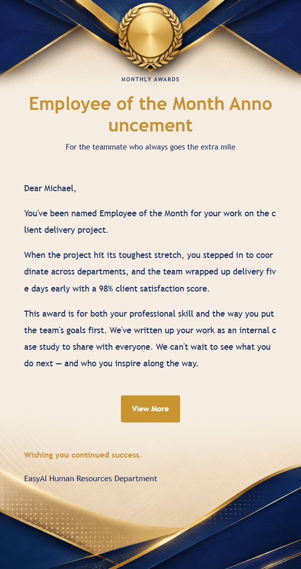 Royal Blue & Gold Team Recognition Email