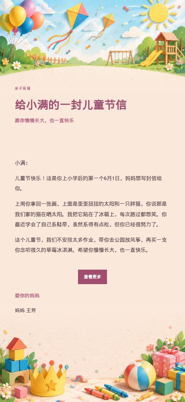 柔光浅调儿童节祝福信 2