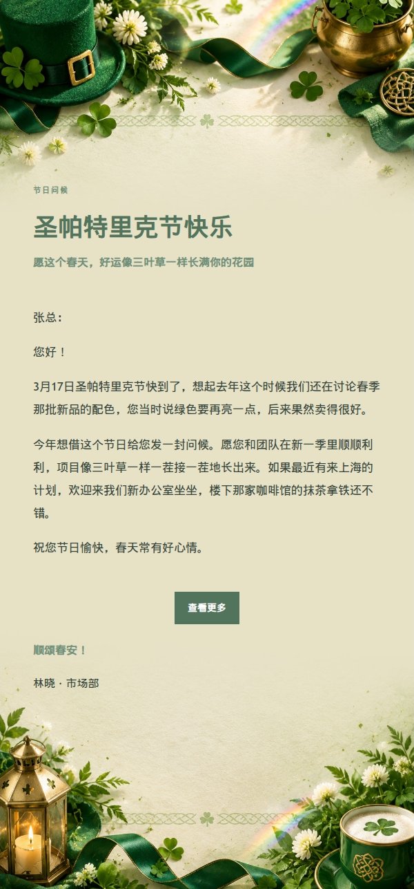 花园绿意圣帕特里克节祝福邮件