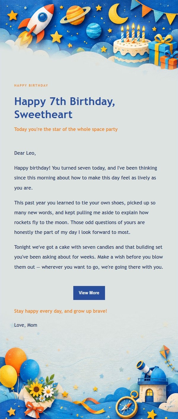 Interstellar Rocket Kids Birthday Email