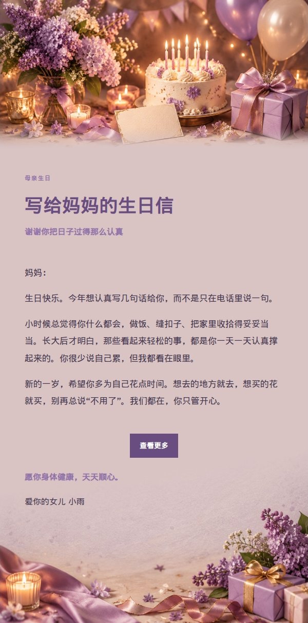 丁香烛光女性生日祝福信 2