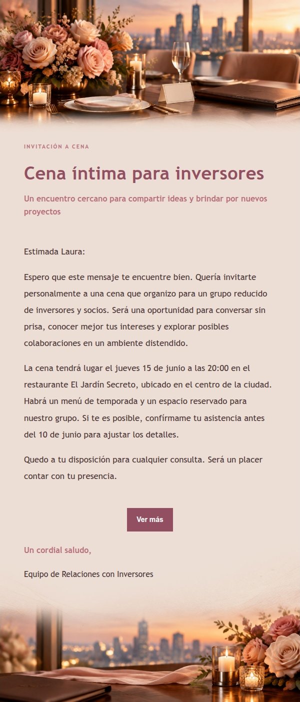 Invitación a Cena de Inversores · Estilo Editorial Rosa