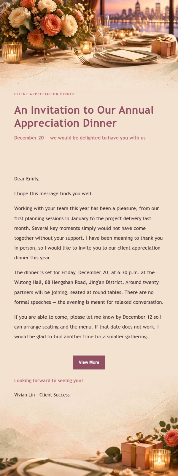 Rose Editorial Client Appreciation Dinner Invitation