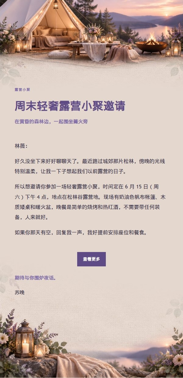 丁香墨色轻奢露营聚会邀请函