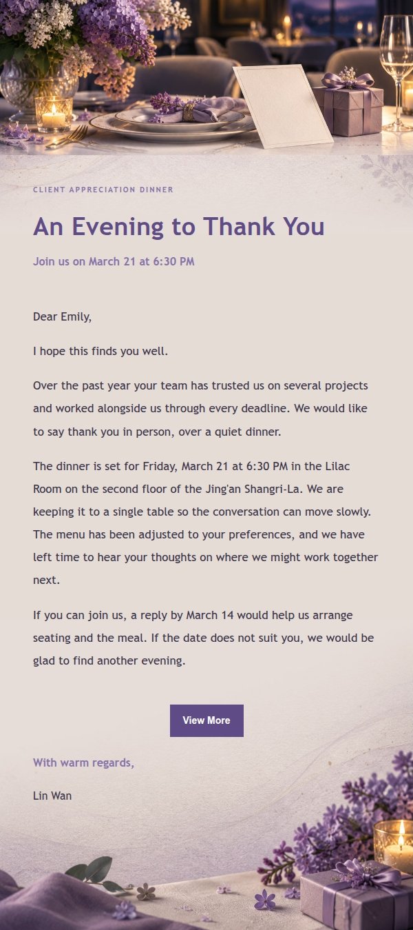 Lilac Ink Client Appreciation Dinner Invitation