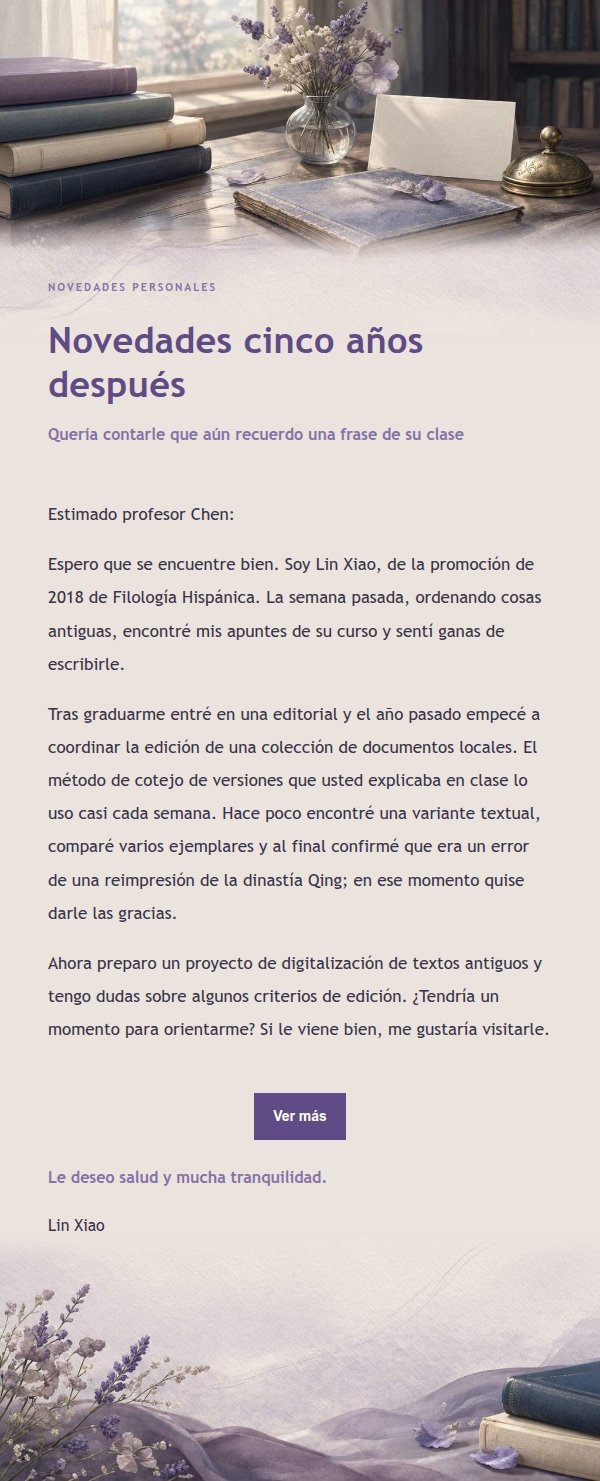 Carta de Agradecimiento y Novedades en Tono Lila Tinta