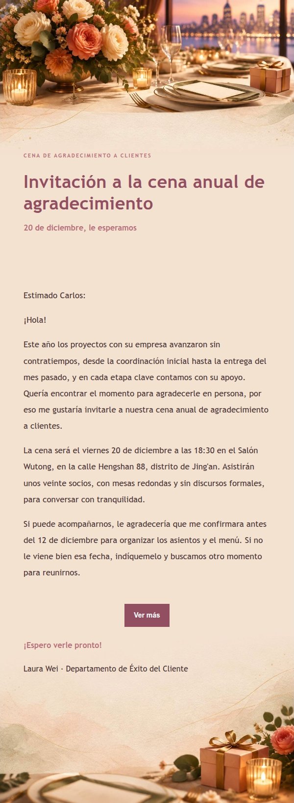 Invitación a Cena de Agradecimiento con Estilo Editorial de Rosas