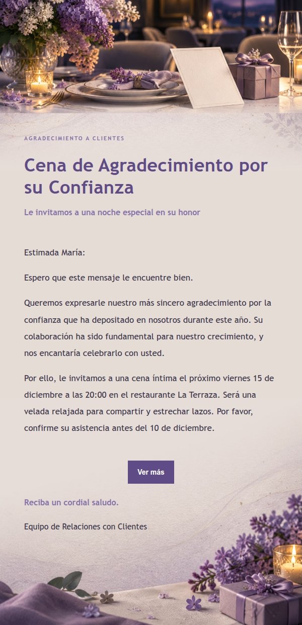 Invitación a Cena de Agradecimiento con Estilo Lila y Tinta