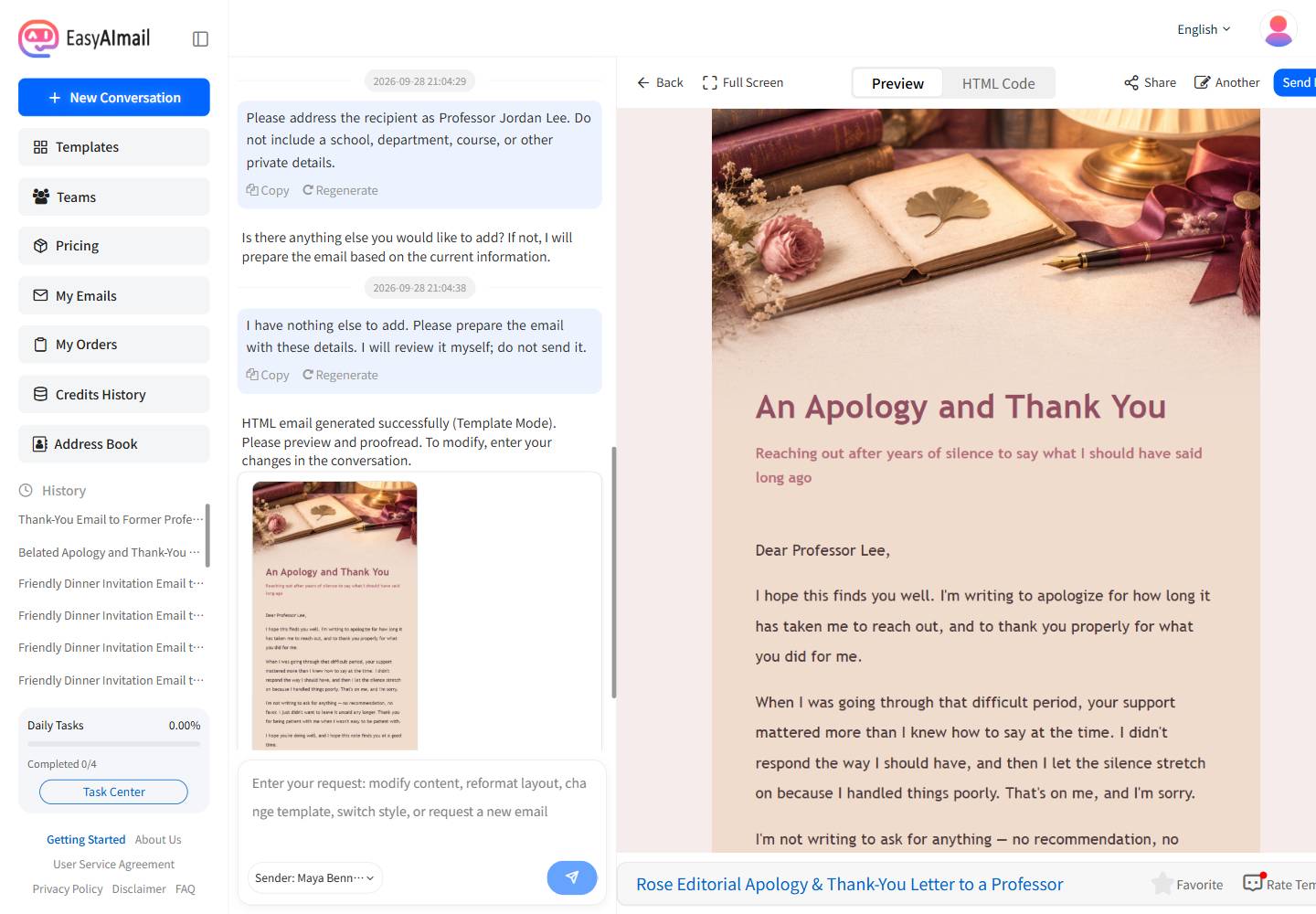 English professor apology and thank-you email preview