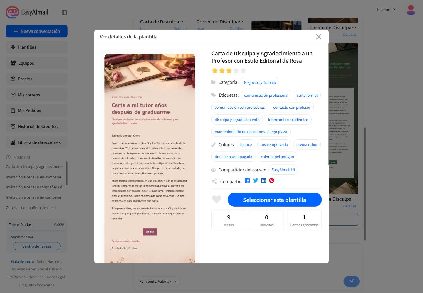 Detalles de una plantilla para disculparse y agradecer a un profesor en EasyAImail