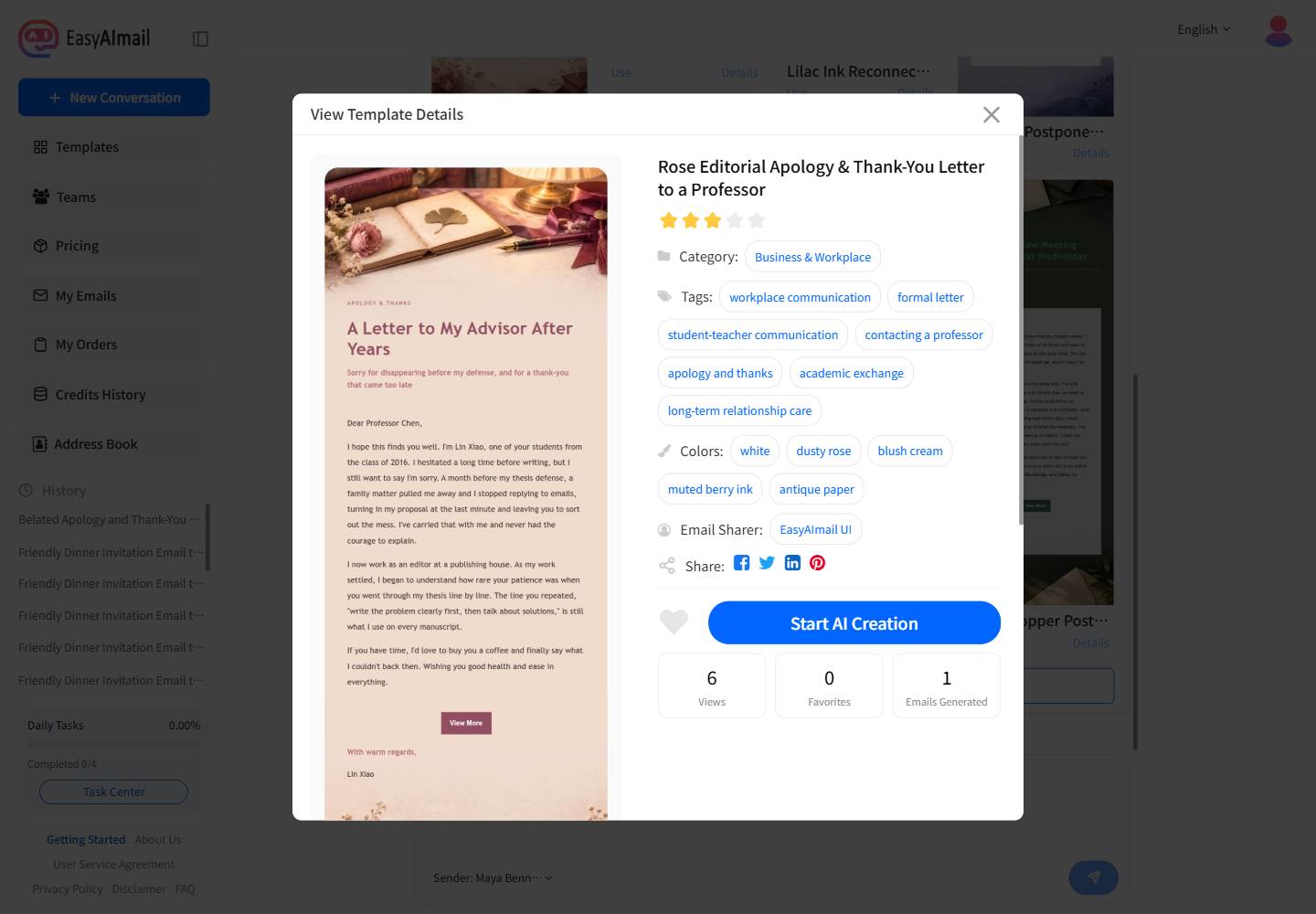 Professor apology and thank-you template details in EasyAImail