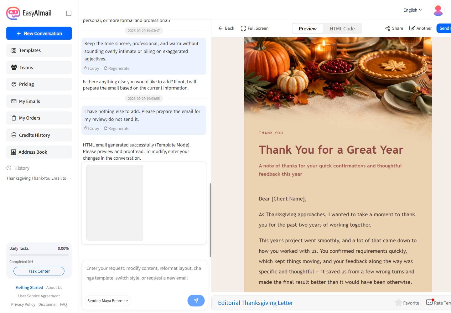 Generated Thanksgiving client thank-you email preview in EasyAImail's English interface