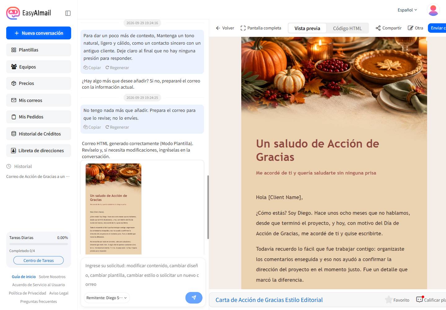 Vista previa del correo generado para retomar el contacto con un cliente en la interfaz española de EasyAImail