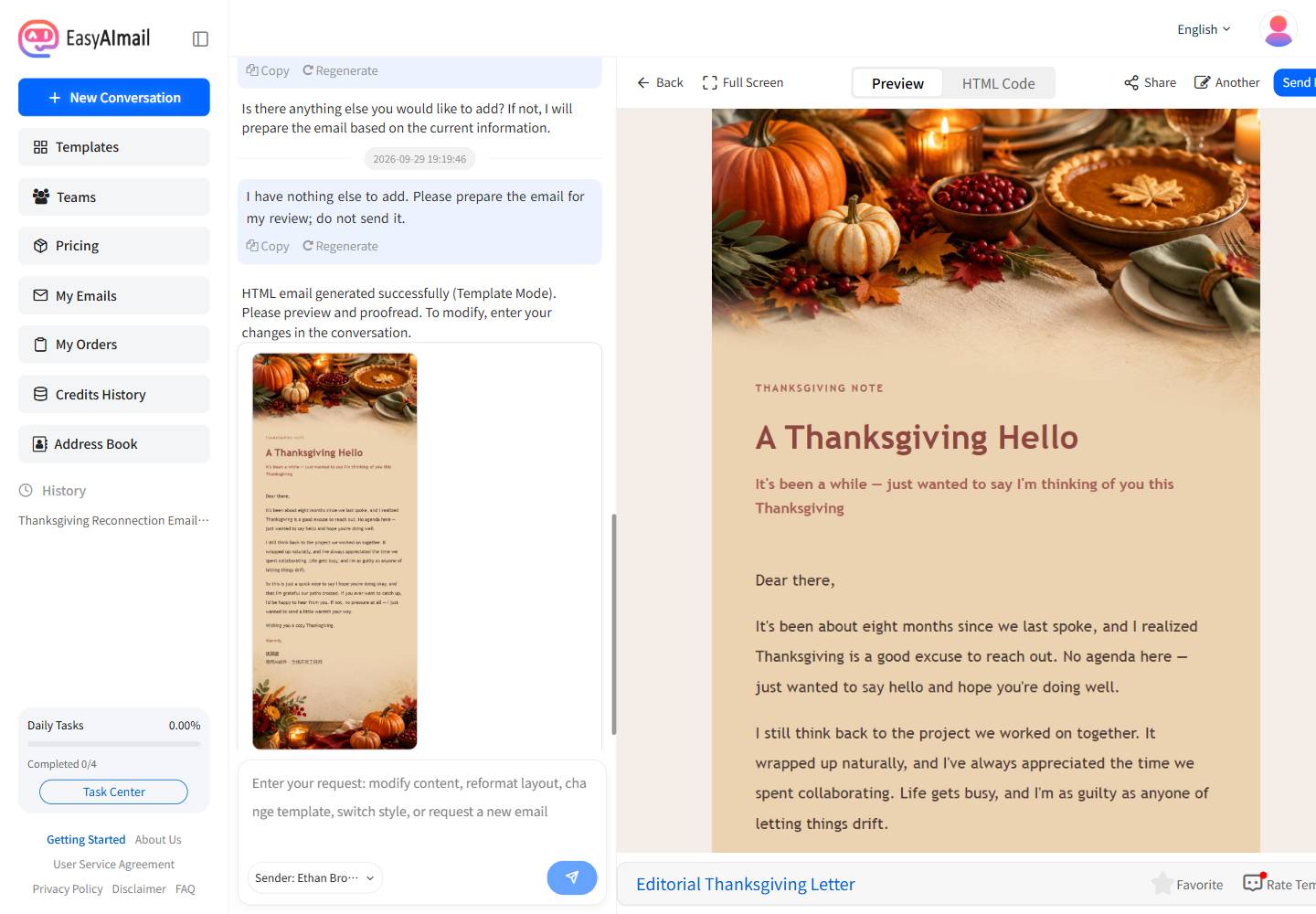 Generated client reconnection email preview in EasyAImail's English interface